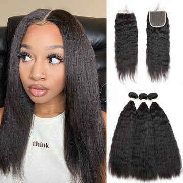 Beaudiva 10A Kinky Straight Human Hair Bundles 3 Bundles with 4x4 Lace Closure Brazilian Human Hair Weft